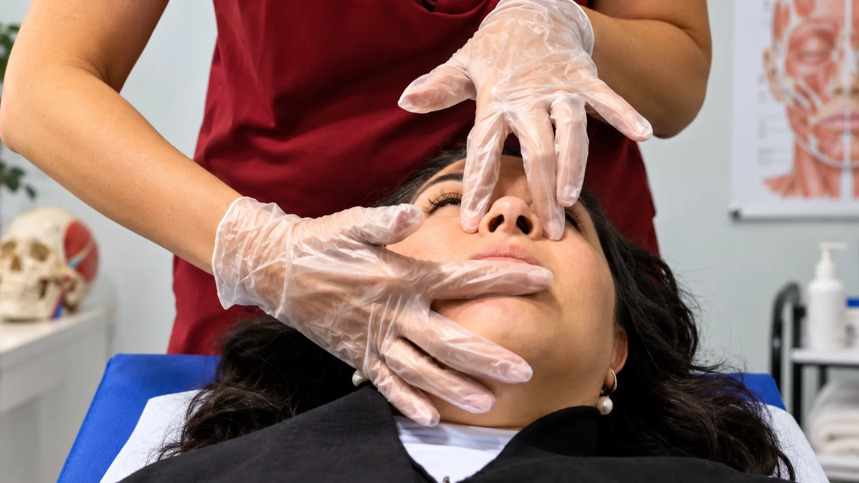Terapeuta de luvas manipulando os pontos motores da face de uma paciente reclinada, num consultório com prancha de anatomia ao fundo