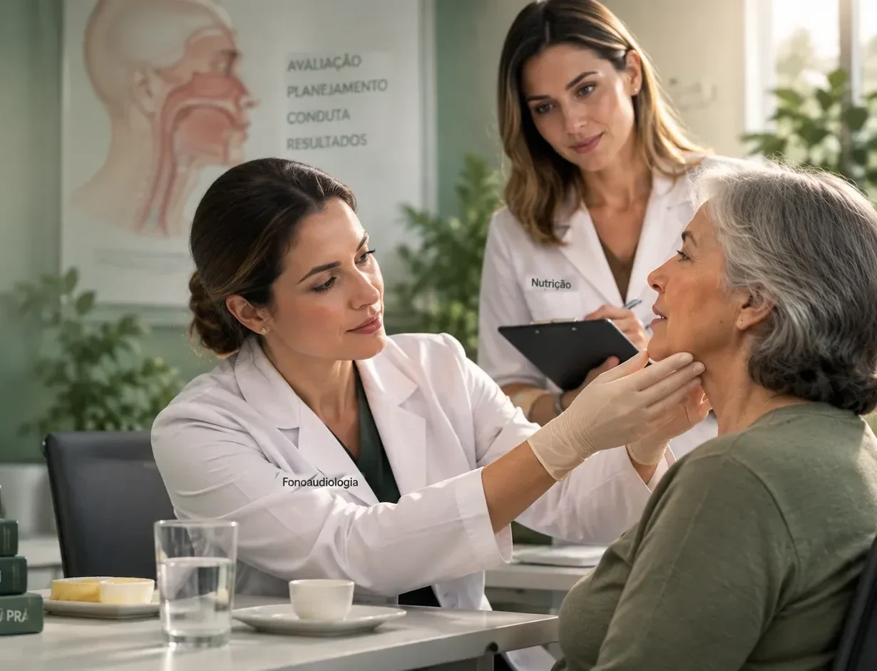 Fonoaudióloga avaliando a deglutição de uma paciente idosa, com a nutricionista ao lado